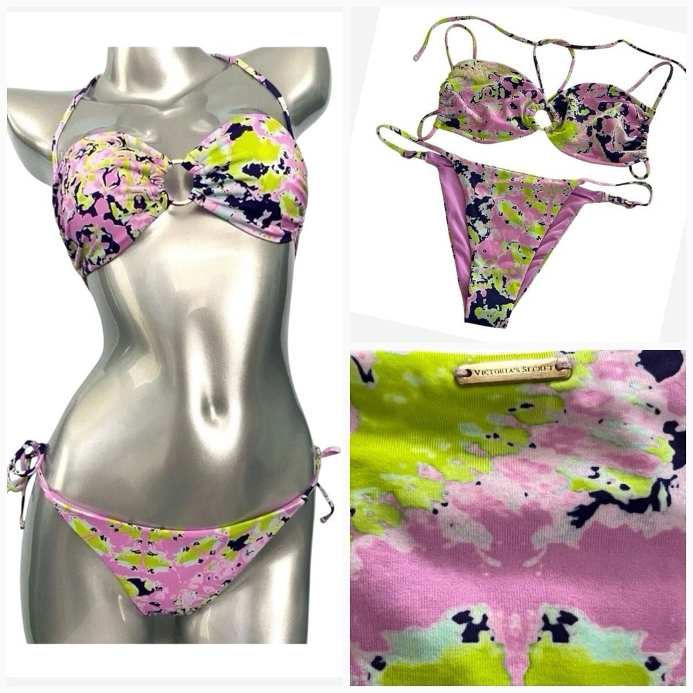 Victoria's Secret Paradise Pink Ring Ruched Top String Bikini Bottom Swim Set S
